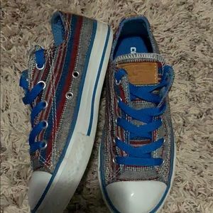 Chuck Taylor’s, red, blue and gray